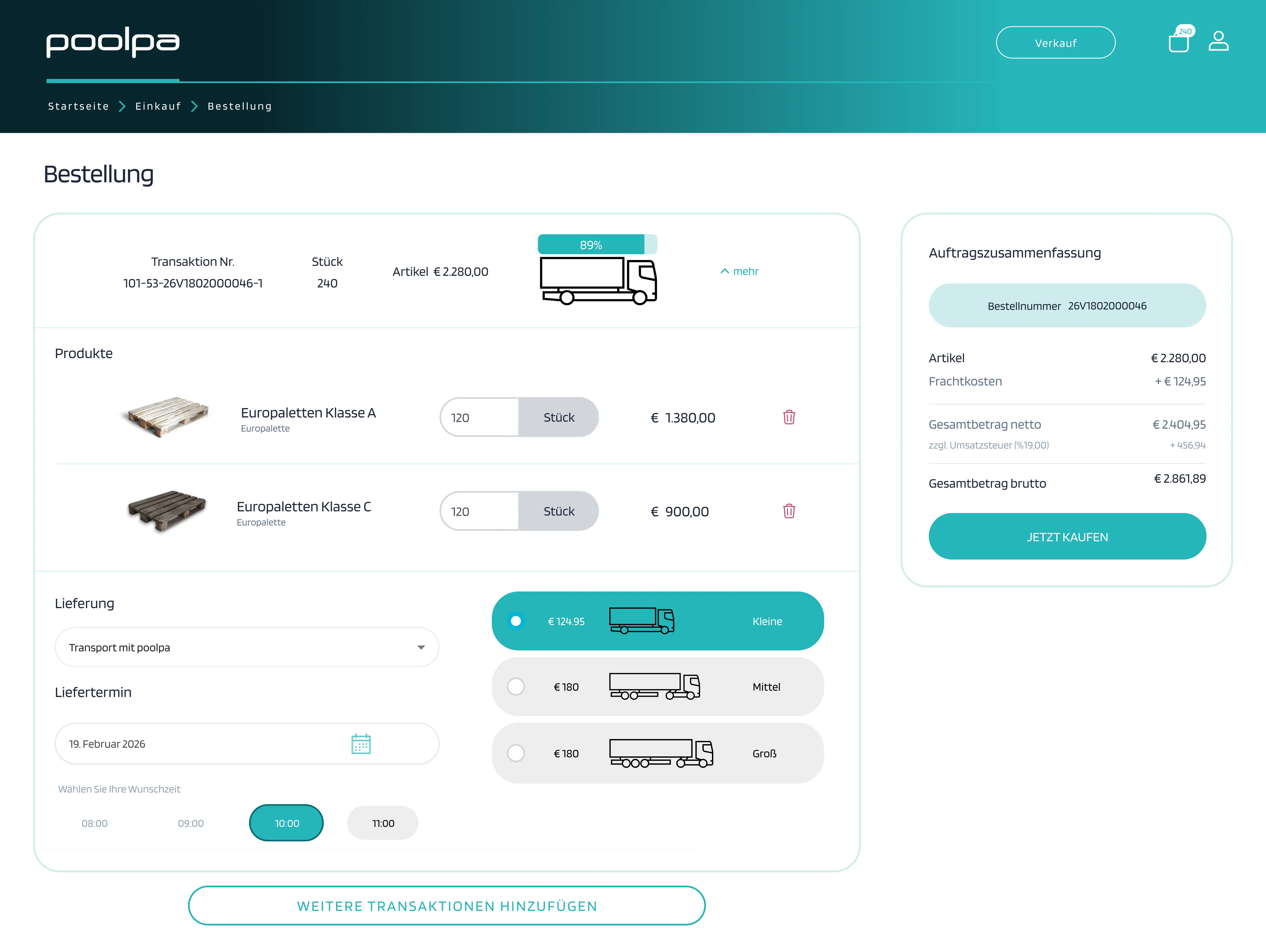 A professional logistics manager uses a tablet with the poolpa app while poolpa badge and above wooden pallets in a clean warehouse.